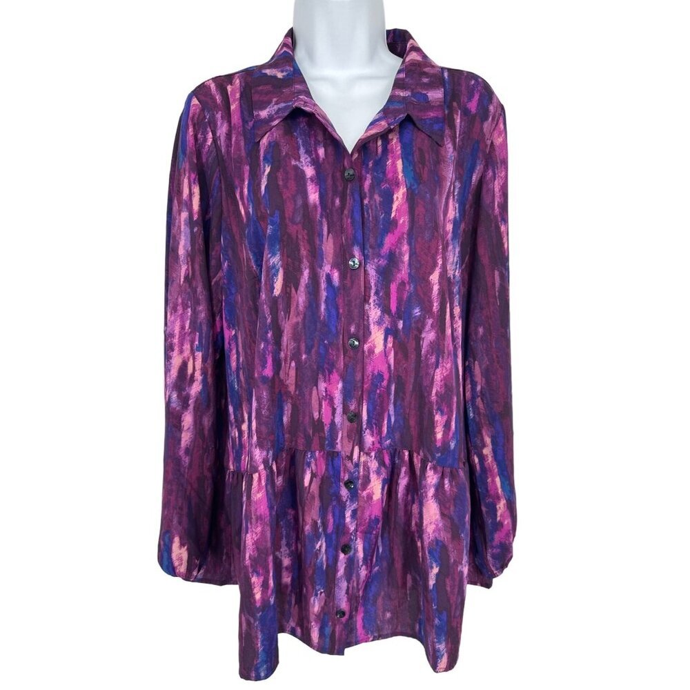 LOGO by Lori Goldstein Multicolor Woven Button‎ Front Blouse Size M